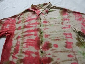 Tie Dye Green Brown Red Striped Short Sleeve Button Up Shirt 3XL Mens Hand Made - Picture 1 of 8
