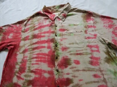 Camisa masculina de manga curta listrada verde marrom vermelha Tie Dye 3XL feita à mão - Imagem 1 de 4