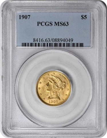 1907 $5 Gold Liberty Head MS63 PCGS Cover