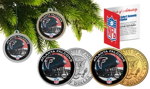 ATLANTA FALCONS Colorized JFK Half Dollar US 2-Coin Set NFL Christmas Ornaments - Picture 1 of 1
