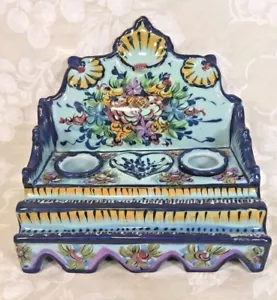 Vtg Faience Inkwell Stand w/ Earthenware Inkwell Bottles Flower & Shell Design - Picture 1 of 12
