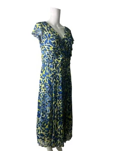 Per Una M&S Maxi Dress Size 16 Womens EU44 Blue & Green Chiffon V-Neck Zip Up - Picture 1 of 11