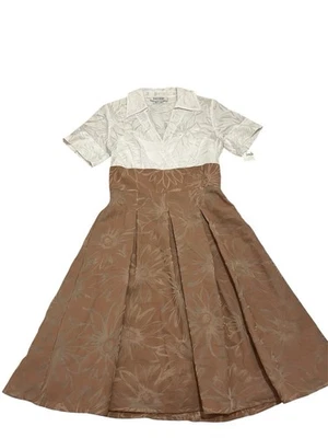 Vestido midi de colección Kay Unger NY ajustado y acampanado talla 8 marrón blanco floral nuevo con etiquetas Foto 1 de 4