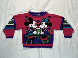 Vintage Disney Mickey Minnie Sweater Toddler 18M Pink Purple Hearts Knit 90s - Picture 1 of 6