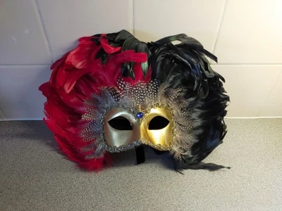 Venetian Mask, Black and Red Feathers, Masquerade Ball, Party, Fancy Dress - Image 1 of 4