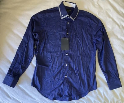 Camisa de vestir Zara para hombre azul talla XL manga larga cuello negro etiqueta abotonada Foto 1 de 4