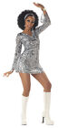Mini écharpe robe disco des années 70 "Disco Diva" Bk/Wt imprimé tourbillonnant paillettes chauffantes