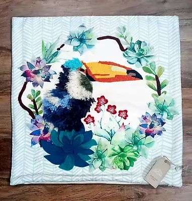 Toucan Pillow Cover Beach Tropical Jungle Accent 18" Throw D Stevens Ribbons NEW - Image 1 of 4