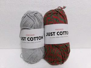 2 PREMIER JUST COTTON YARN SKEINS RED GREEN MARI & GRAY 104 yds ea 85% Cotton - Picture 1 of 9