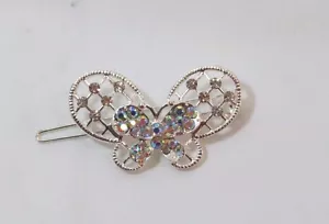 Butterfly Hair Clip Barrette Silver tone Crystal Aurora Borealis Rhinestone Z - Picture 1 of 1