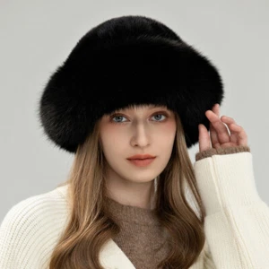 Women's Real Mink Fur Hat Bucket Hat Bowler Hat Outdoor Warm Cap W Fox Fur Brim - Picture 1 of 12