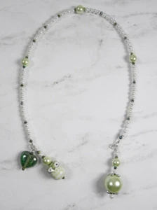 Owl Heart Beaded Thong Bookmark Glass Pearl Crystal Handmade Green White New - Picture 1 of 4