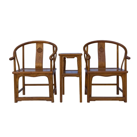 Chinese Handmade Light Brown Horseshoe Armchair Table 3 Pieces Set cs6179 Cover