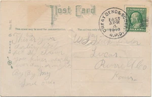 1910 Raro RPO CANCELAR Great Bend & Scott Franklin un centavo en postal de Pascua - Imagen 1 de 2