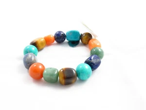 14mm Polished Assorted Genuine Stone 7.5” Stretch Bracelet Tiger Eye Turquoise - Picture 1 of 3