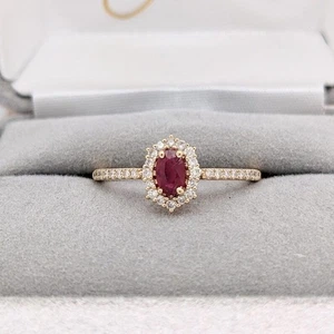Natural Red Ruby and Diamonds Halo Engagement Ring 18k Solid Yellow Gold ring - Picture 1 of 6