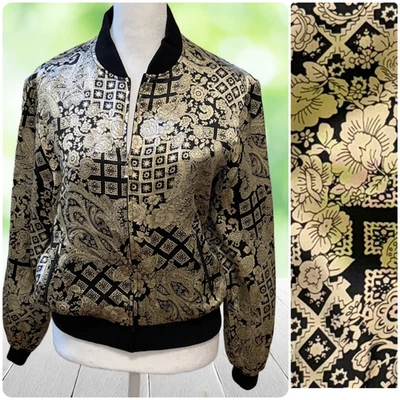 Chaqueta Bomber Vintage Seda Mujer Pequeña Pequeña Negra Dorada Floral Cachemira Barroca Foto 1 de 4