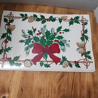 4 Christmas Vinyl Placemats Poinsettias Holly Pinecones  1990s - Image 1 of 4