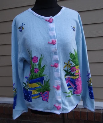 Cárdigan suéter Onque informal para mujer bebé azul abejas flores plantas regadera Foto 1 de 4