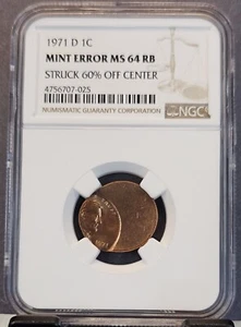 1971 D LINCOLN CENT 1C NGC MS 64 RB MINT ERROR STRUCK 60% OFF CENTER BEAUTIFUL - Picture 1 of 3