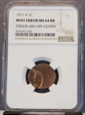 1971 D LINCOLN CENT 1C NGC MS 64 RB MINT ERROR STRUCK 60% OFF CENTER BEAUTIFUL - Image 1 of 3