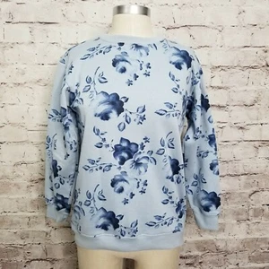Jennifer Moore Womens P Petites Blue Rose Floral Crewneck Pullover Sweatshirt - Picture 1 of 5