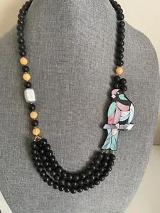 Lee Sands Collana Uccellino Intarsiato Nero Perline Filo Vintage Non Firmato Multicolore - Foto 1 di 10