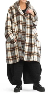 PLUS SIZE MULTI-BROWN TARTAN FLEECE OVERSIZED WARM BALLOON JACKET/COAT Size28-36 - Picture 1 of 4