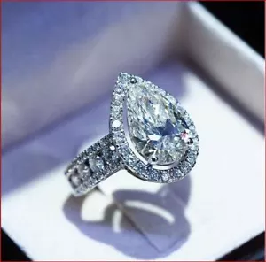 3,00 ct Birnenschliff D/VVS1 Moissanit Halo Verlobungsring 14 K Weißgold plattiert - Bild 1 von 9