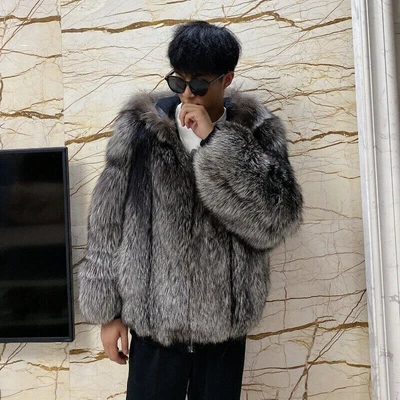 Mens Natural Fur Coat Real Silver Fox Fur Jacket Hooded Fashion Thick Outerwear - Image 1 of 4