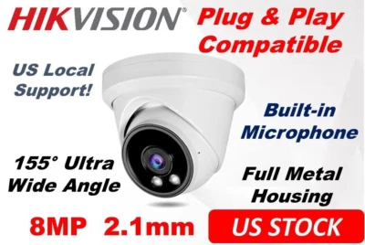 Hikvision Compatible 8MP IP Camera 155° Wide Angle IP POE Outdoor 2.1mm w/Mic
