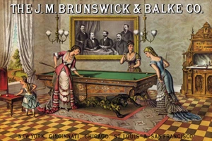 THE J.M. BRUNSWICK & BALKE GIRLS BILLIARDS GAME POLL TABLE VINTAGE POSTER REPRO - Picture 1 of 3