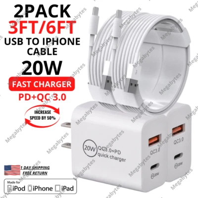 For iPhone 14 13 12 11 XR 8 Charger Cable 20W USB Fast Charge Wall Adapter Block - Image 1 of 4