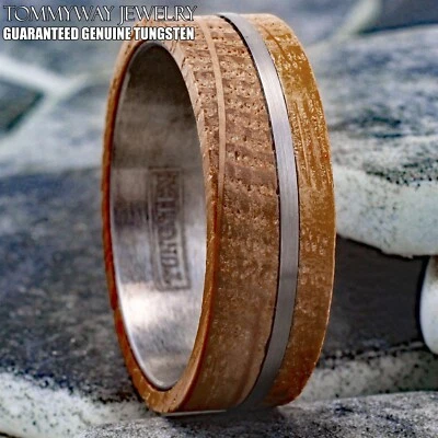 8mm Whiskey Barrel Wood w/ Offset Mens Tungsten Carbide Stripe Wedding Band Ring - Image 1 of 4