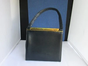 Vintage BLOCK Navy Blue Patent Leather Purse Handbag Gold Frame Bar Clasp Signed - Picture 1 of 15