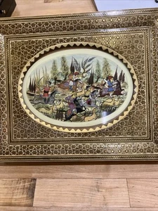 Vintage persische Jagdszene Kunstwerk Kunst im Rahmen leuchtende Farben - Bild 1 von 11
