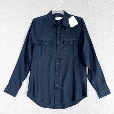 Camisa de lino con botones Onia para hombre pequeña azul marino manga larga oficina preppy nueva con etiquetas Foto 1 de 4