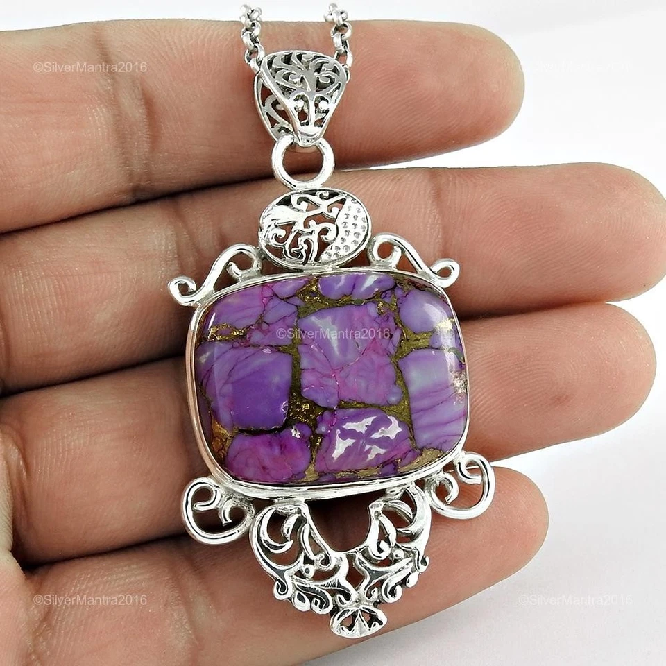 Viola Rame Turchese Gemma Argento Sterling Massiccio Dicembre Handmade Ciondolo - Immagine 1 di 4