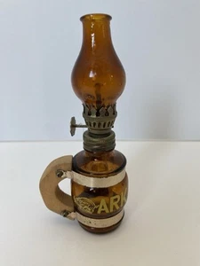 Vintage Brown Glass Mini Oil Lamp Arkansas Razorbacks 5.5” Made In Taiwan Wood - Picture 1 of 6