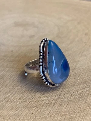Anillo Lágrima Ajustable Encaje Azul Ágata Talla N-R Plata de Ley 925 Chapado Foto 1 de 4