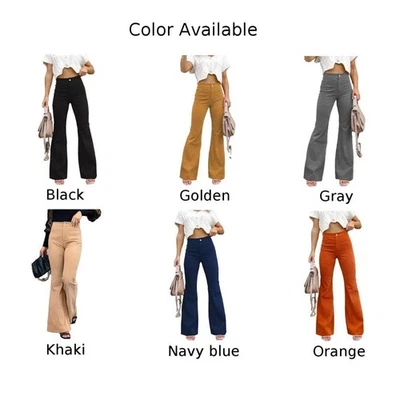 Corduroy Flare Trousers for Women 2 Back Pockets Elastic Waist Retro Style - Image 1 of 4