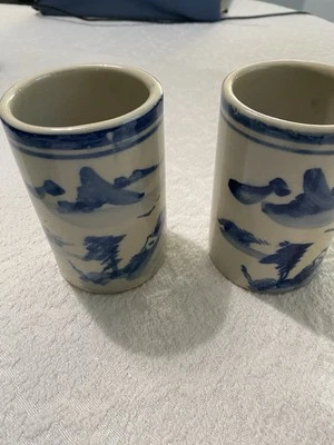 Two Vintage Chinese Porcelain Brush Pot Blue - Image 1 of 4