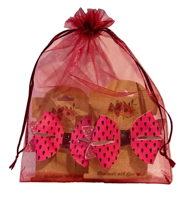 TWO WATERMELON SPARKLY PINK Hair BOW Faux Glitter Canvas Secure Alligator Clip H - Image 1 of 4