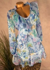 NEU 2Tlg Alinie Chiffon KLEID Tunika Volants Italy Blüten Muster M1 36 38 40 - Bild 1 von 8