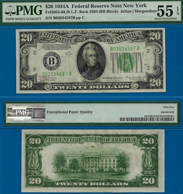 1934A $20 Federal Reserve Note PMG 55EPQ - Late Finish Back - BB Block Fr 2055-B - Image 1 of 3