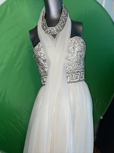 1970’s Mike Benet Ivory Chiffon Beaded Sequined Formal Gown Sz 11 W Scarf - Picture 1 of 24