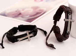 Black Leather Lords Prayer Bracelet in Spanish. Cuff Style with @ - Picture 1 of 1