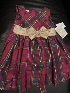 Bonnie Jean Girls Dress Plaid Sleeveless Size 5 Black Magenta Gold Holiday - Picture 1 of 3