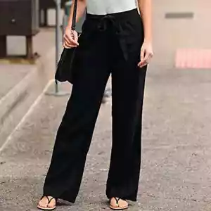 Pantaloni da donna in lino e cotone elasticizzati larghi gamba larga - Foto 1 di 24