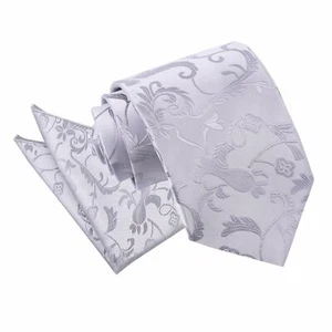 Silberne formelle klassische Herren-Hochzeitskrawatte & Einstecktuch Set gewebte Blumen von DQT - Bild 1 von 2